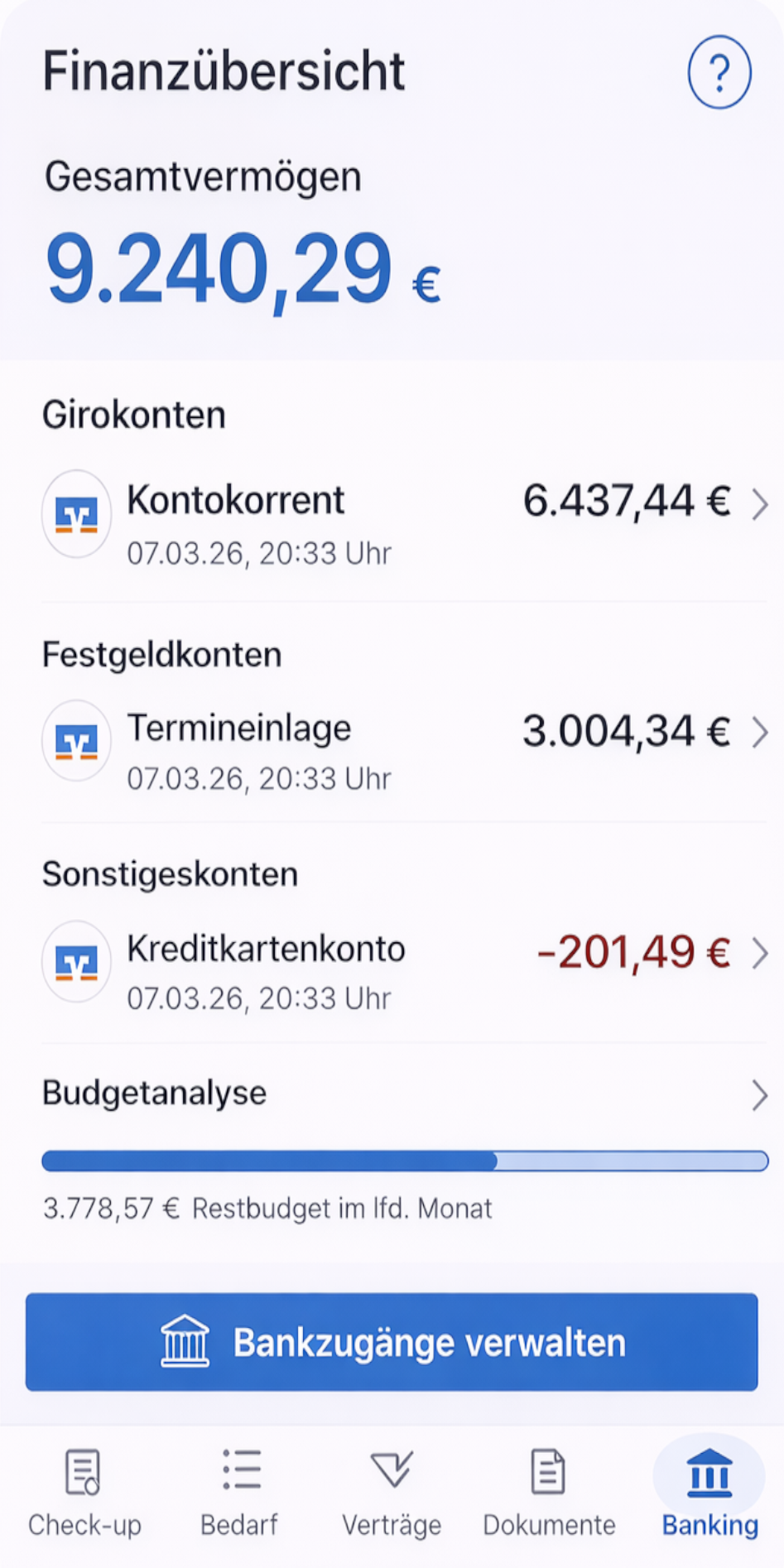 Banking Übersicht in der Finanzmanager App