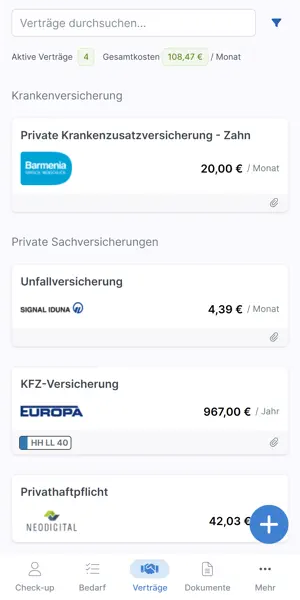 Vertragsübersicht in der Finanzmanager App